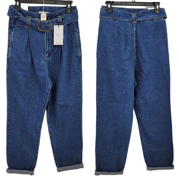 Forever 21 Jeans High-Rise Paperbag Belted Baggy Tapered Cuffed Medium Wash 26 - Picture 2 of 7